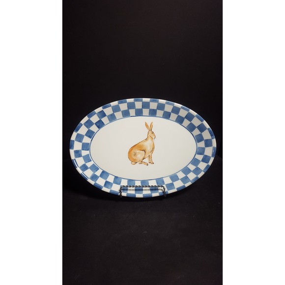 Easter Bunny Rabbit oval serving dish plate Blue Gingham Italian tableware - Picture 3 of 10